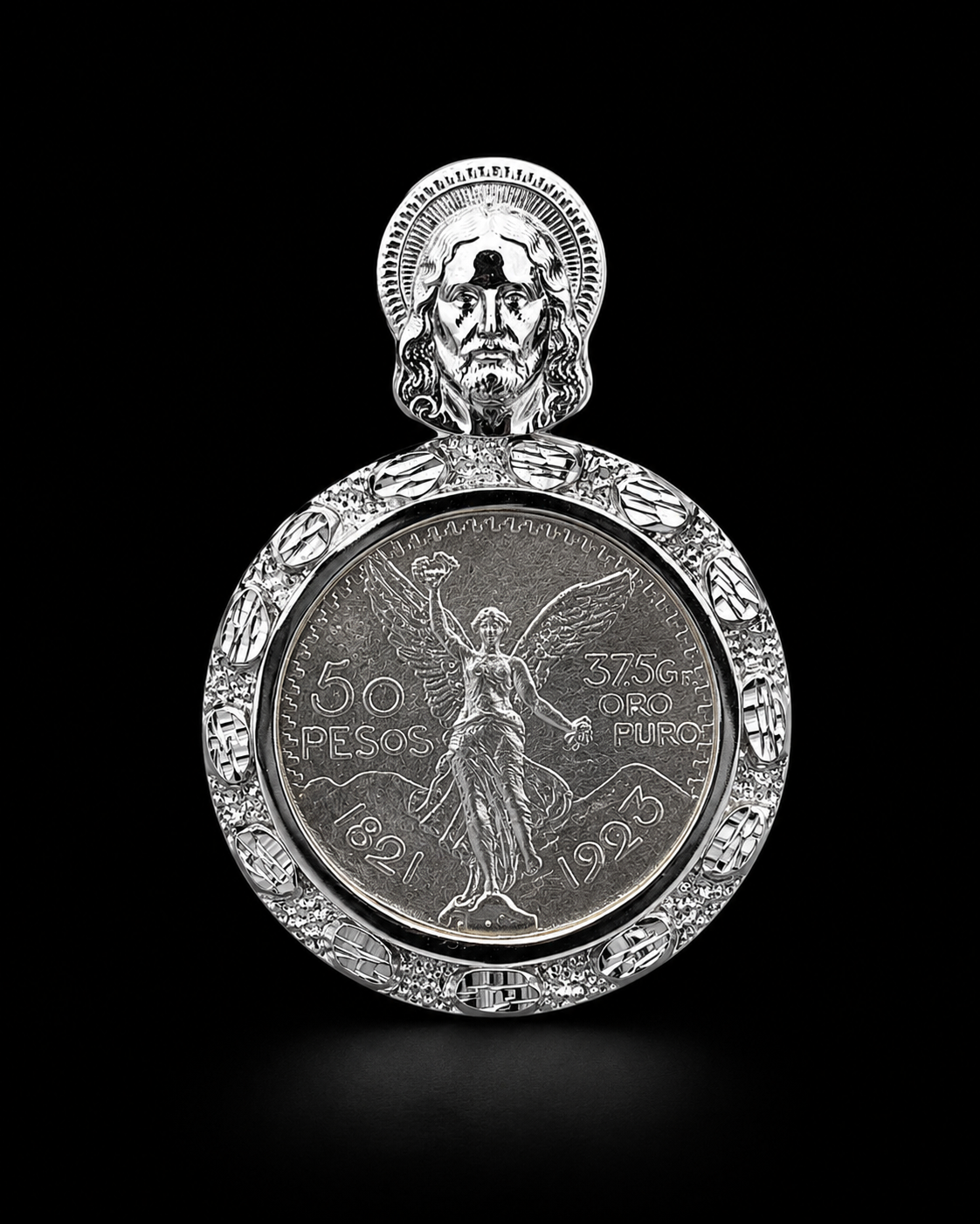 925 Silver Nugget Centenario Pendant W/ San Judas