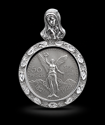 925 Silver Nugget Centenario Pendant W/ Virgin Mary