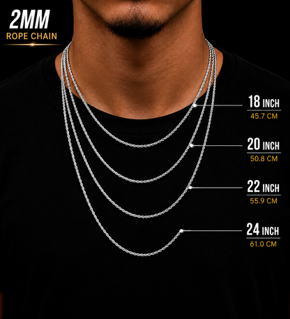 925 Sterling Silver 2MM Rope Chain Necklace