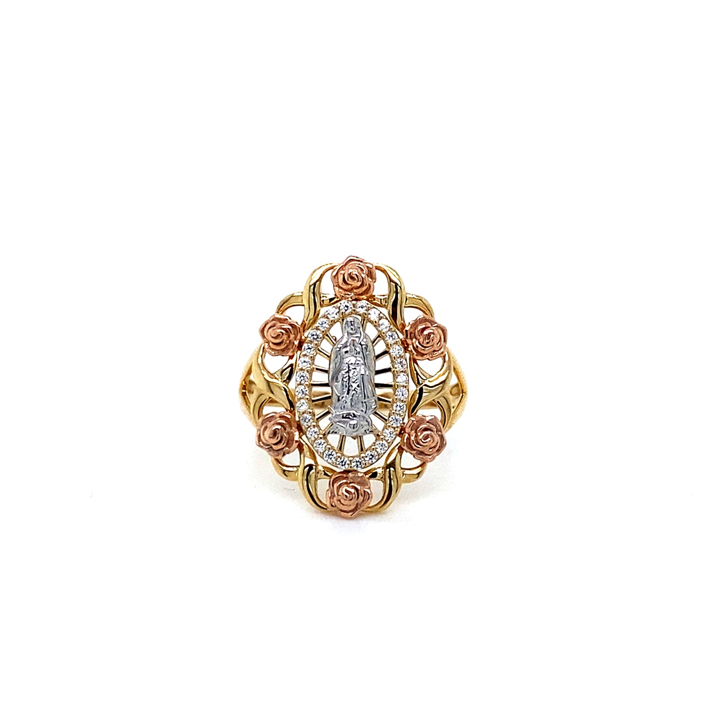 14K Multi Tone Virgin Mary Blooming Rose Ring