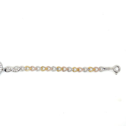 Three-Tone Plated Sterling Silver Diamond-Cut Heart Guadalupe Bracelet with Clear CZ – Adjustable (16.8mm x 15.1mm)
