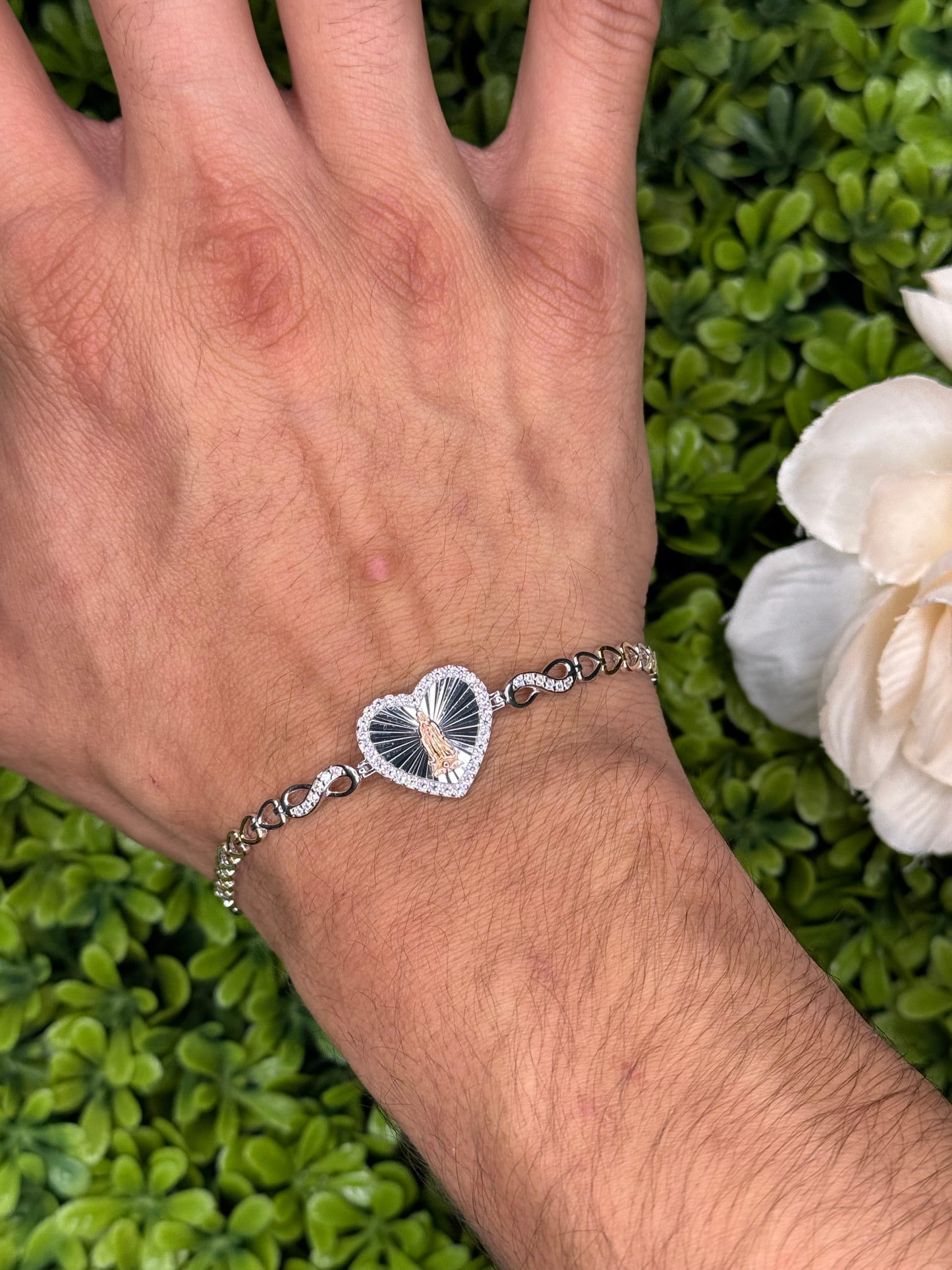 Three-Tone Plated Sterling Silver Diamond-Cut Heart Guadalupe Bracelet with Clear CZ – Adjustable (16.8mm x 15.1mm)