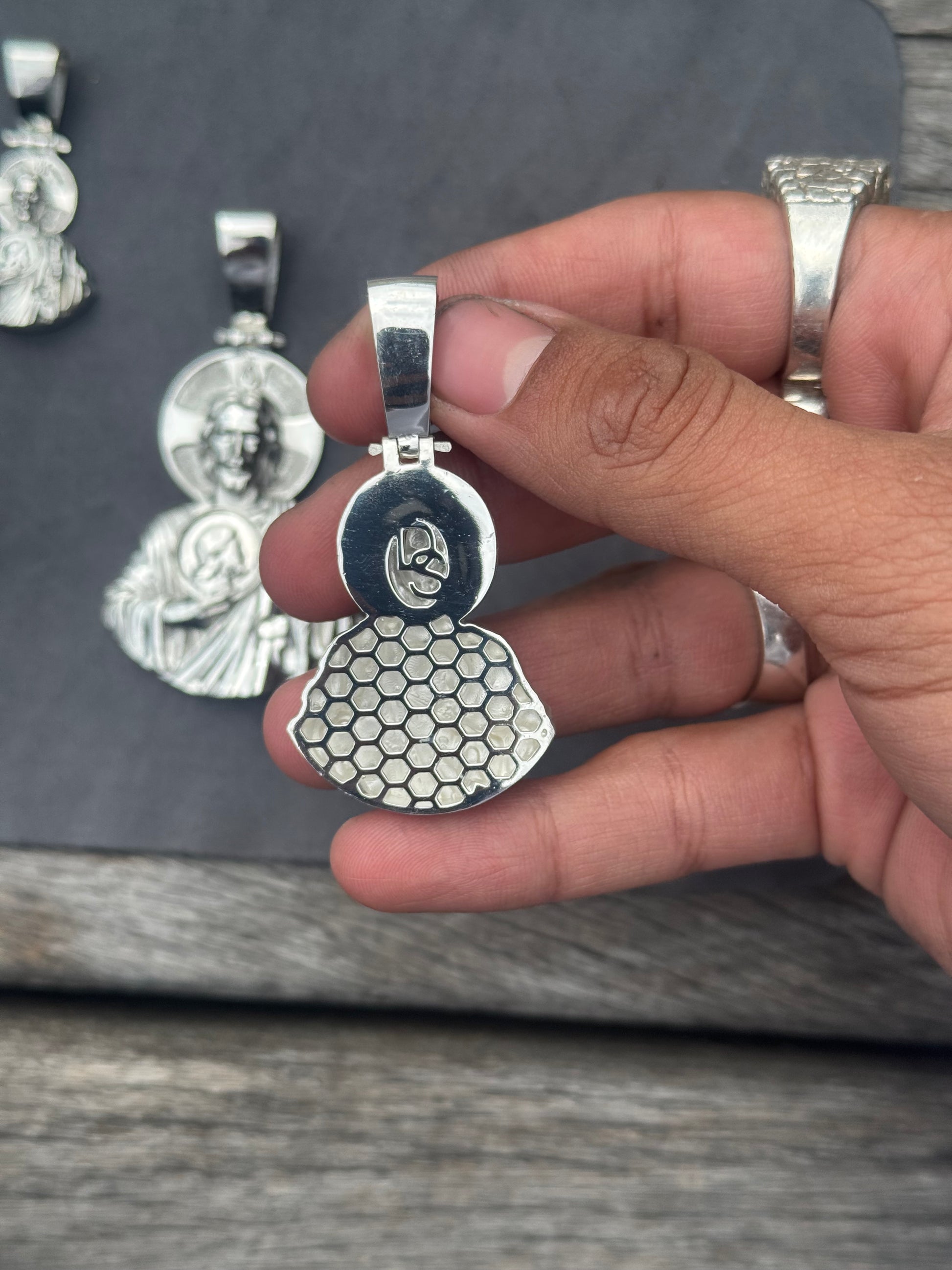 925 Sterling Silver 3D San Judas Pendant Detail - D's Custom Jewelry
