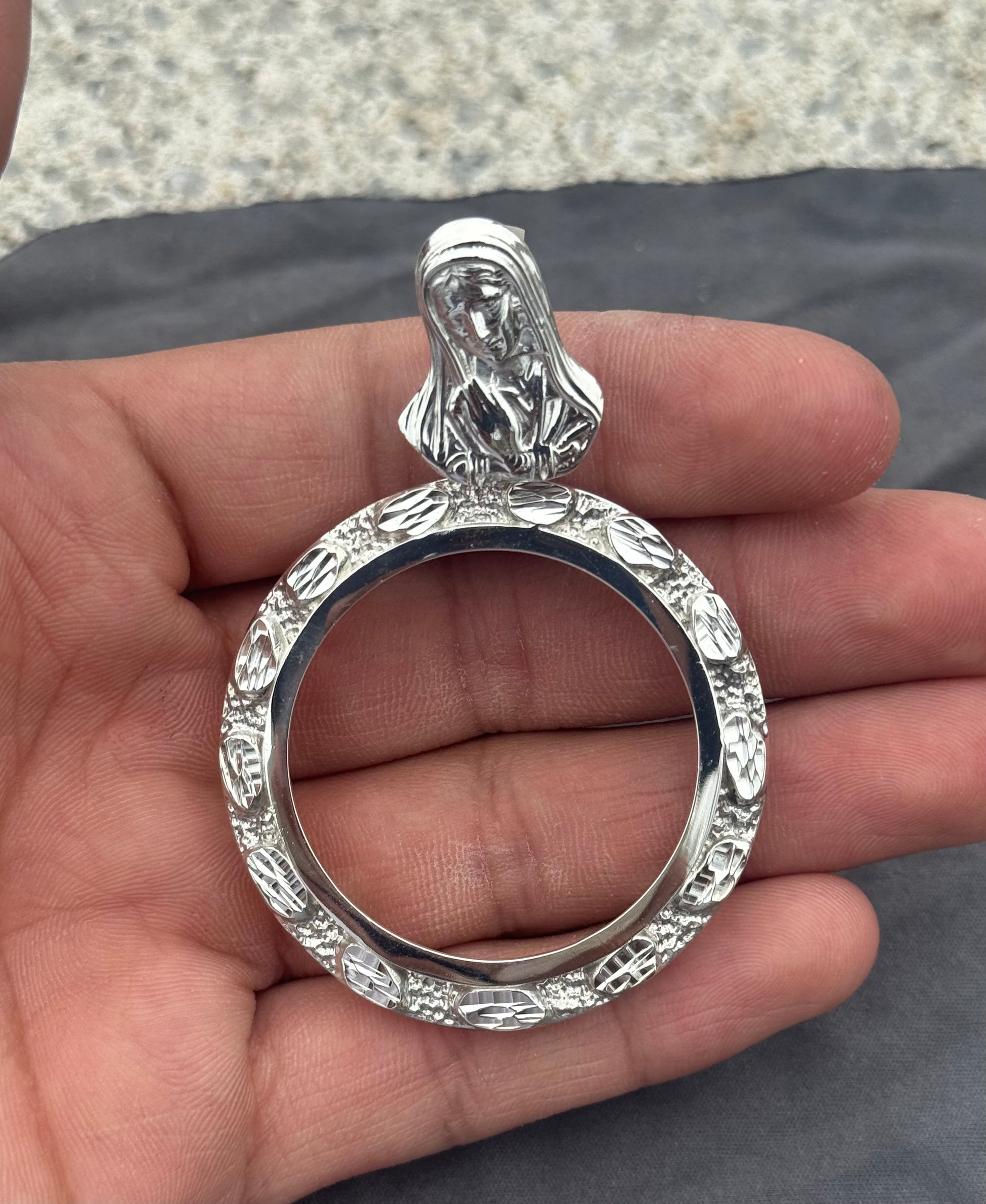 925 Silver Centenario Virgin Mary Pendant Side View - D's Custom Jewelry