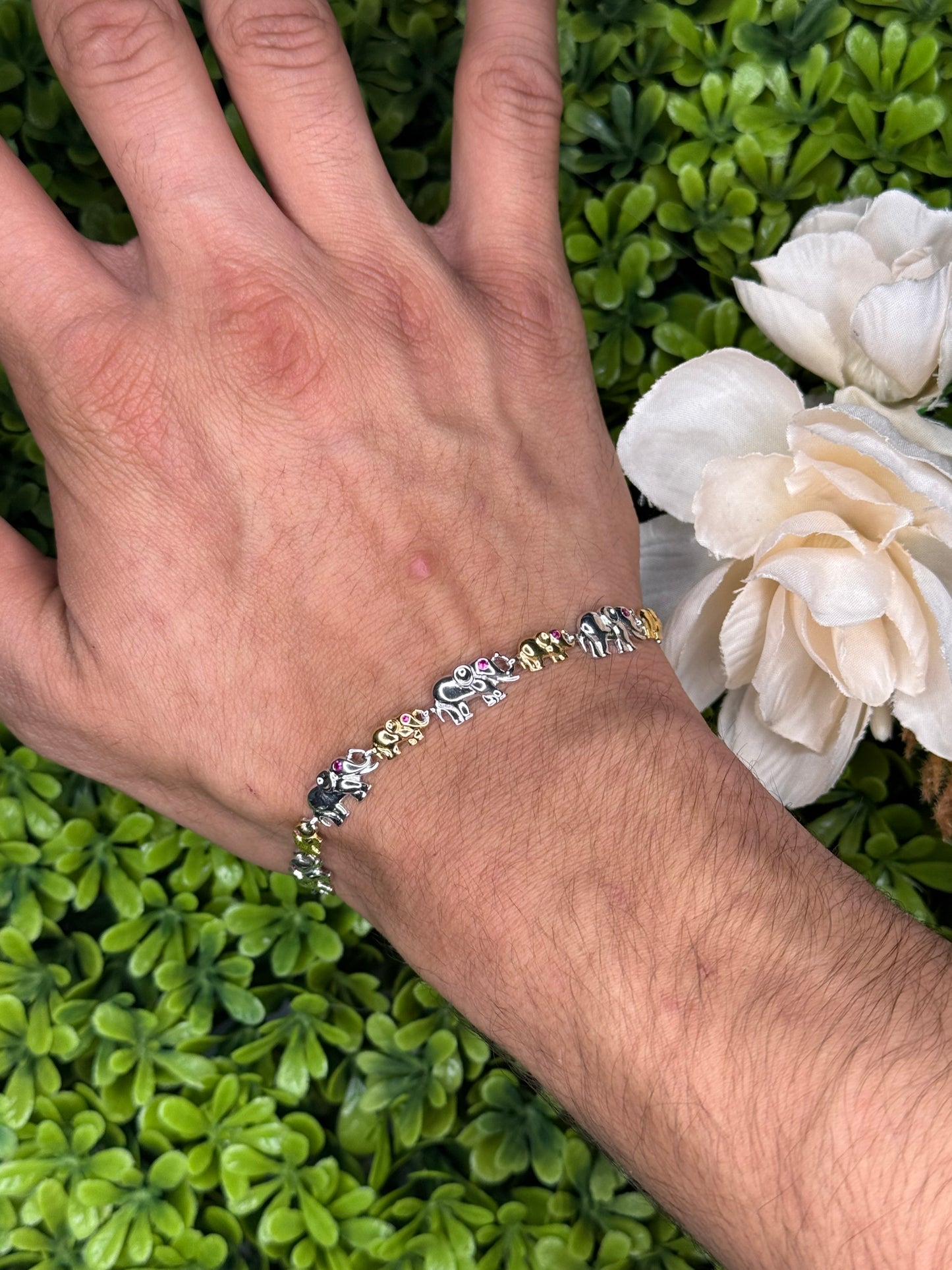 Two-Tone Plated Sterling Silver Adjustable Elephant Bracelet with Clear & Ruby Red CZ