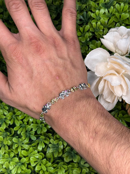 Two-Tone Plated Sterling Silver Adjustable Elephant Bracelet with Clear & Ruby Red CZ