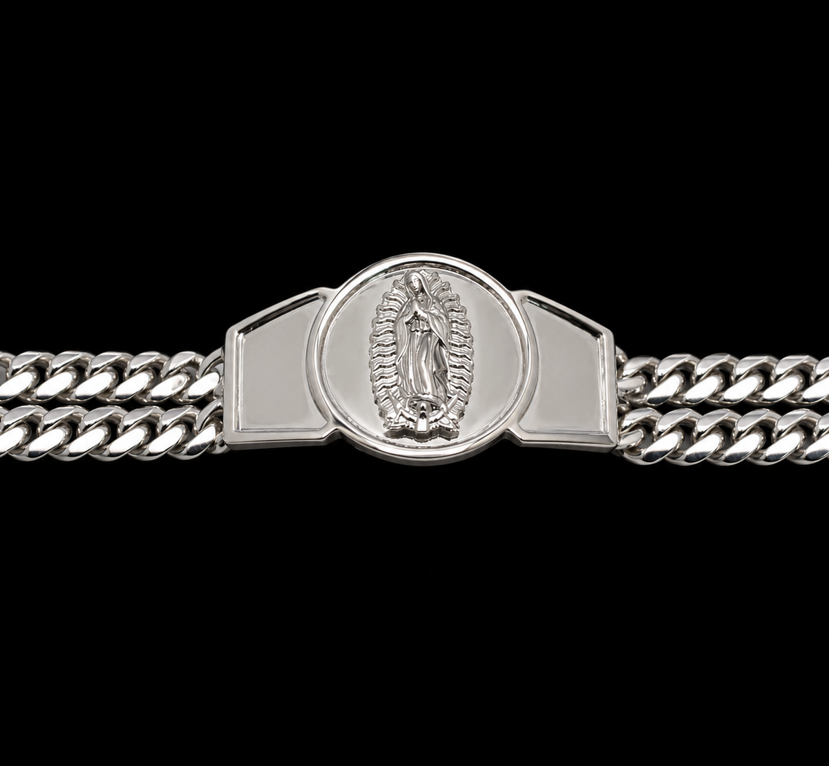 925 Sterling Silver 12.4MM Two Strand Curb Our Lady of Guadalupe Bracelet