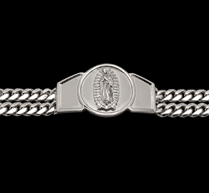 925 Sterling Silver 12.4MM Two Strand Curb Our Lady of Guadalupe Bracelet