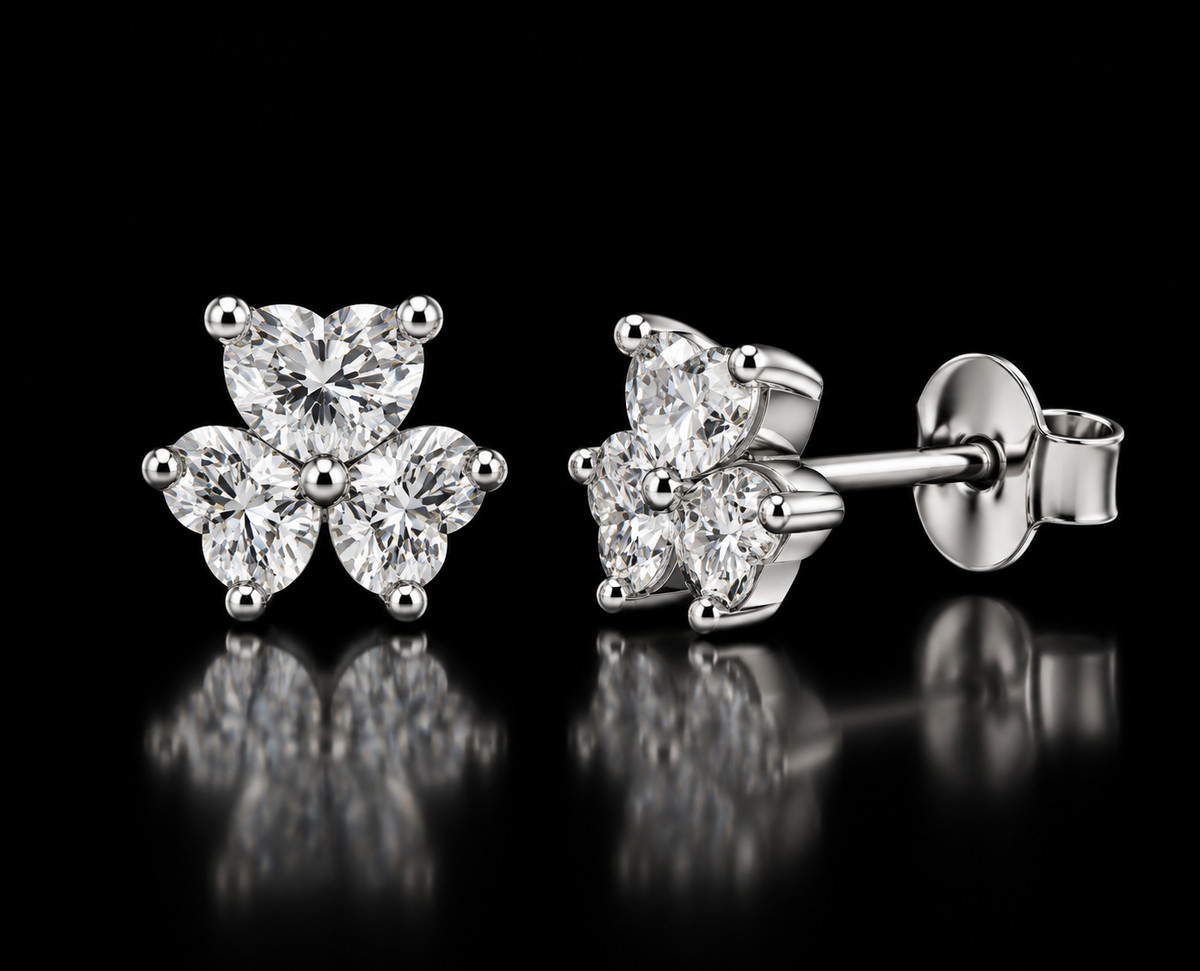 925 Sterling Silver Moissanite Three Stone Flower Stud Earrings