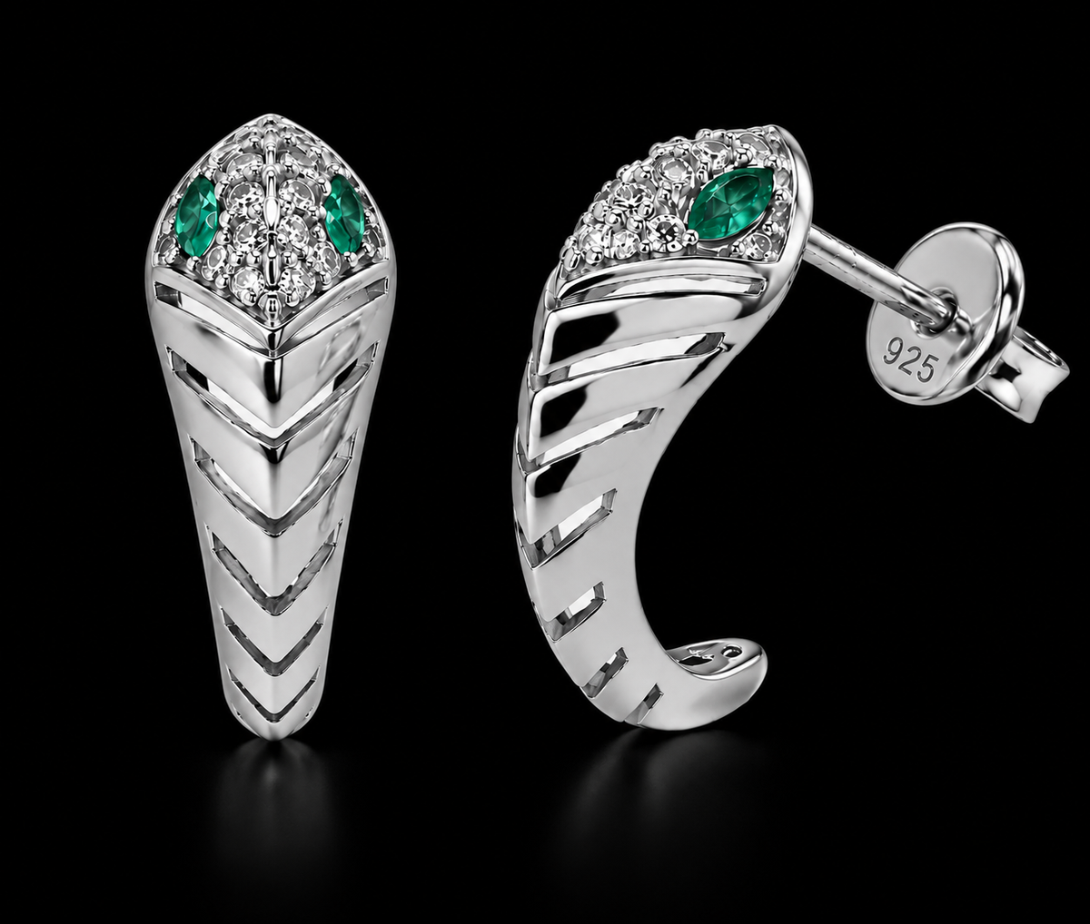 925 Sterling Silver Emerald Green & Clear Moissanite Chevron Wrap Earrings