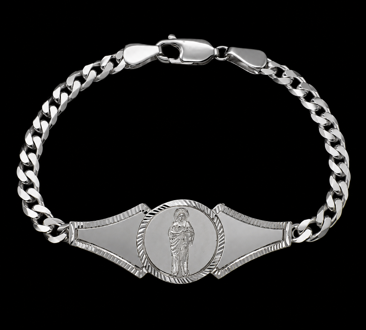 925 Sterling Silver Saint Jude Diamond Cut Curb Bracelet