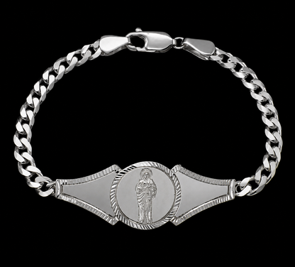 925 Sterling Silver Saint Jude Diamond Cut Curb Bracelet