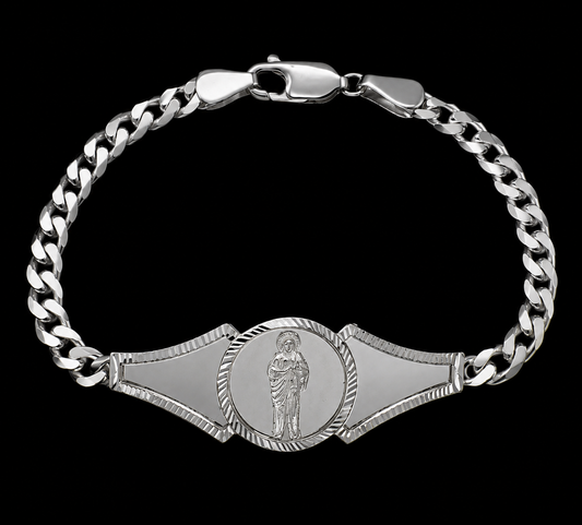 925 Sterling Silver Saint Jude Diamond Cut Curb Bracelet