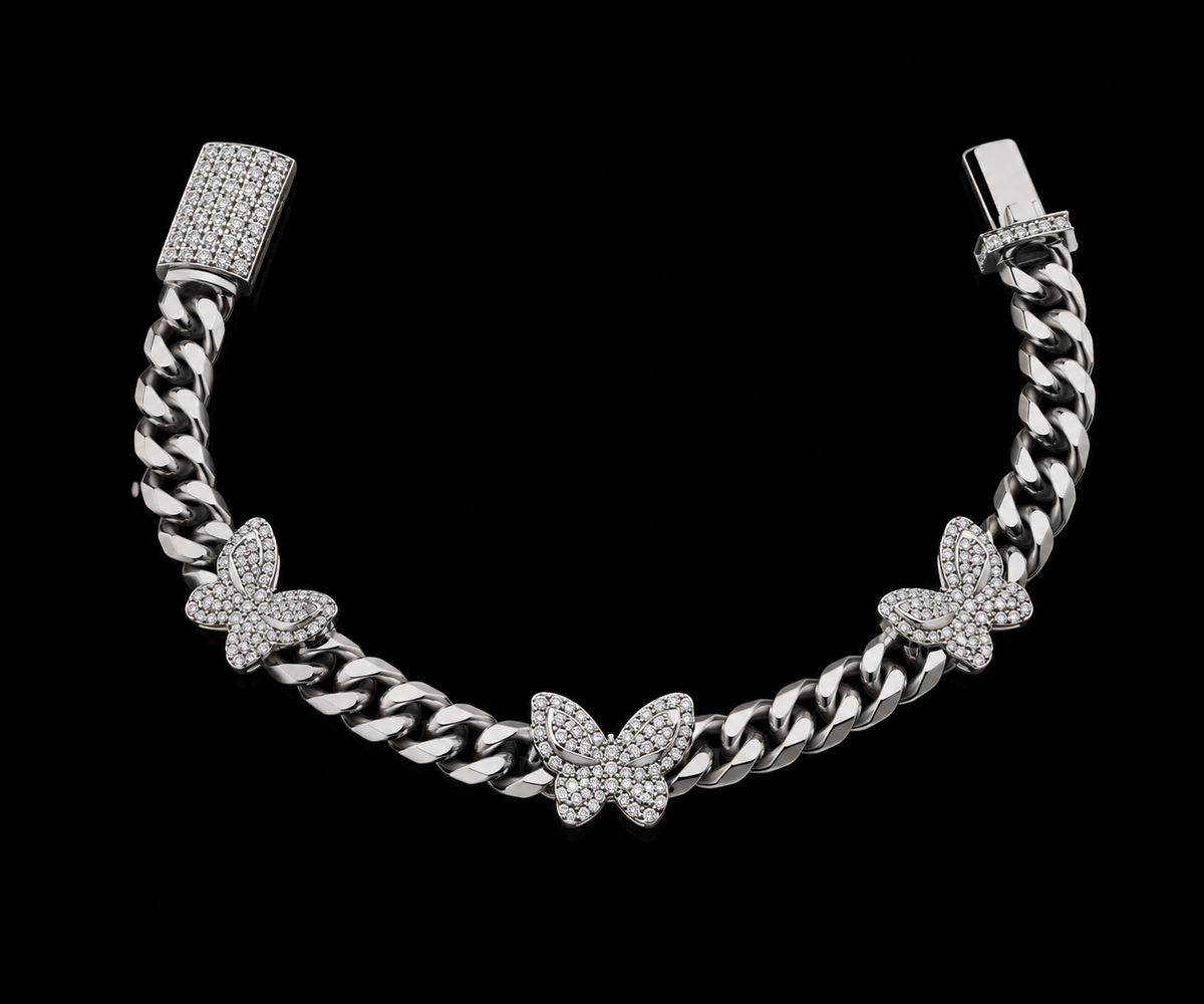 925 Sterling Silver Moissanite Multi Butterfly Cuban Link Bracelet