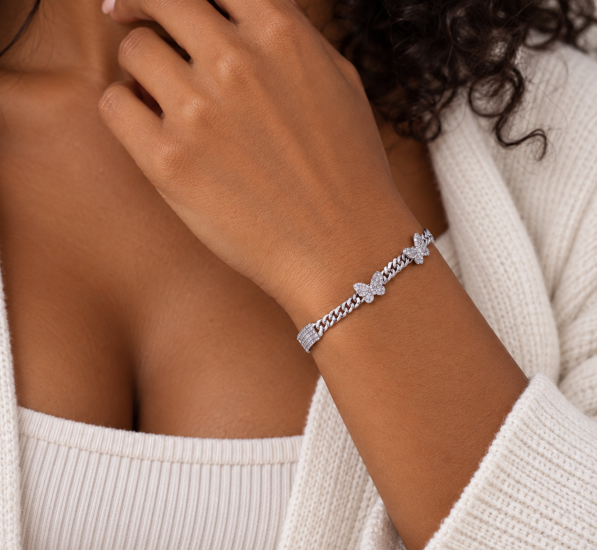 925 Sterling Silver Moissanite Multi Butterfly Cuban Link Bracelet