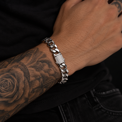 925 Sterling Silver Moissanite Lock Classic Cuban Link 12MM Bracelet