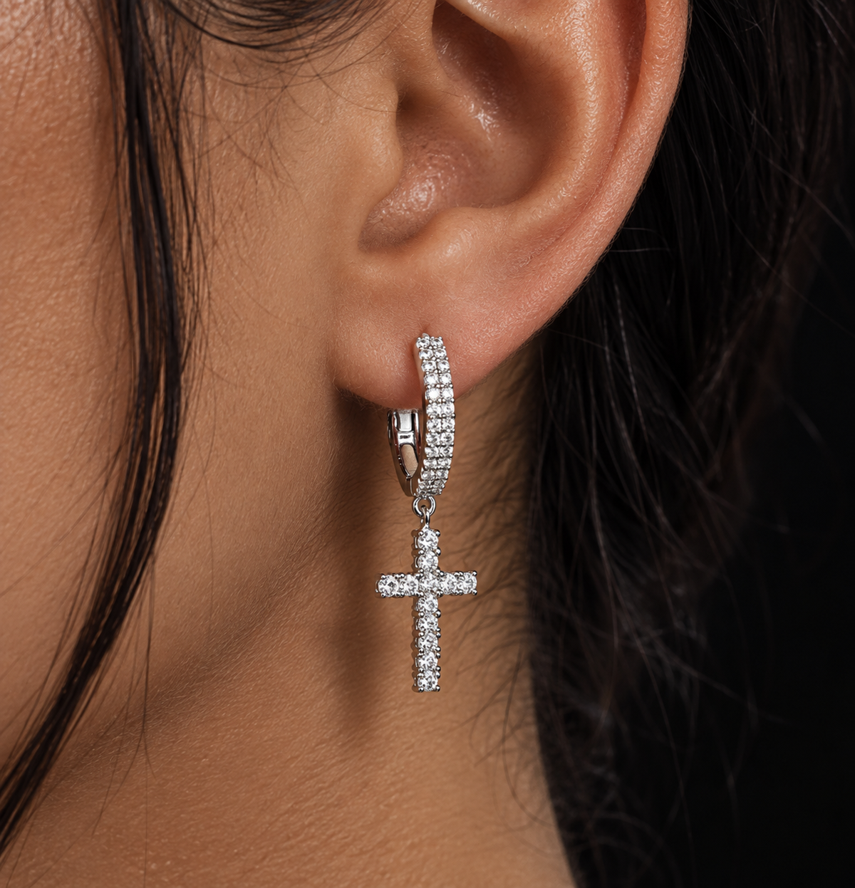 925 Sterling Silver Moissanite Cross Hoop Earrings