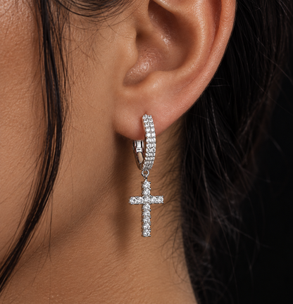925 Sterling Silver Moissanite Cross Hoop Earrings
