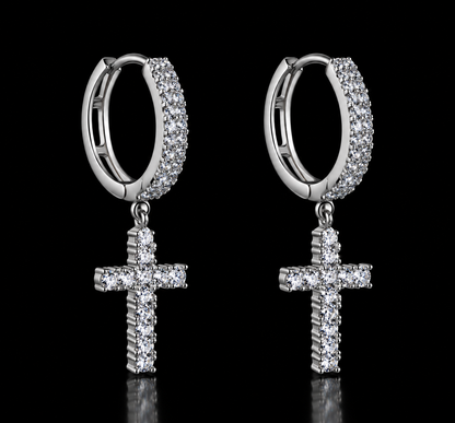 925 Sterling Silver Moissanite Cross Hoop Earrings