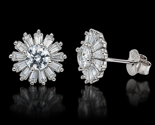 925 Sterling Silver Moissanite Radiant Burst Stud Earrings