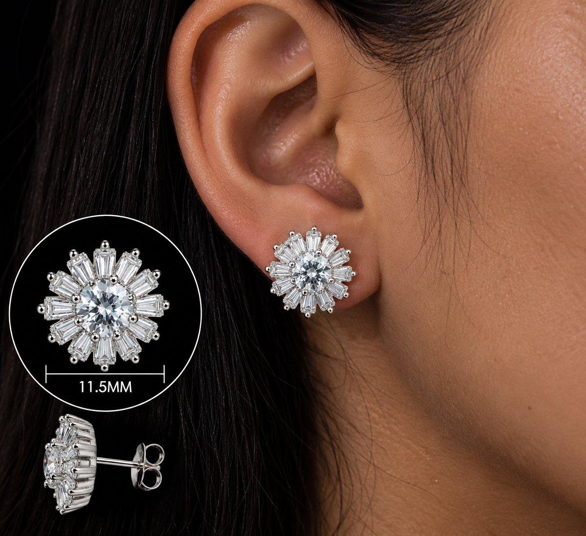 925 Sterling Silver Moissanite Radiant Burst Stud Earrings