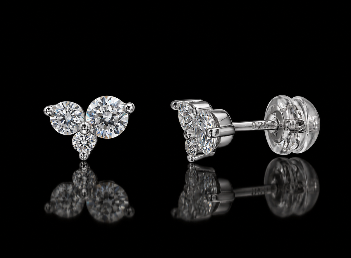 925 Sterling Silver Moissanite Triple Stone Cluster Stud Earrings