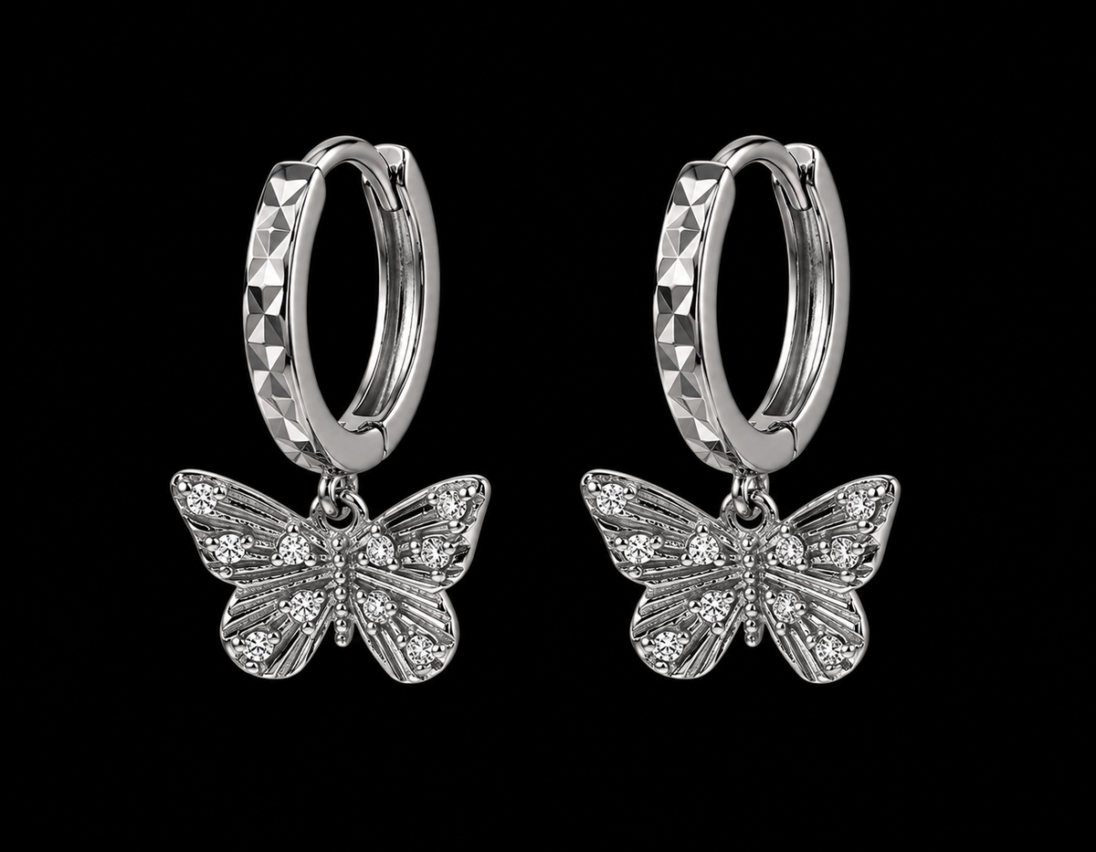 925 Sterling Silver Moissanite Diamond Cut Butterfly Hoop Earrings