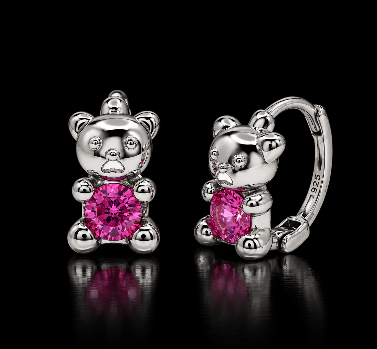 925 Sterling Silver Moissanite Teddy Bear Hoop Earrings