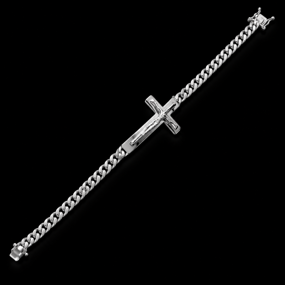925 Sterling Silver 6.1MM Curb Jesus Christ Cross Bracelet