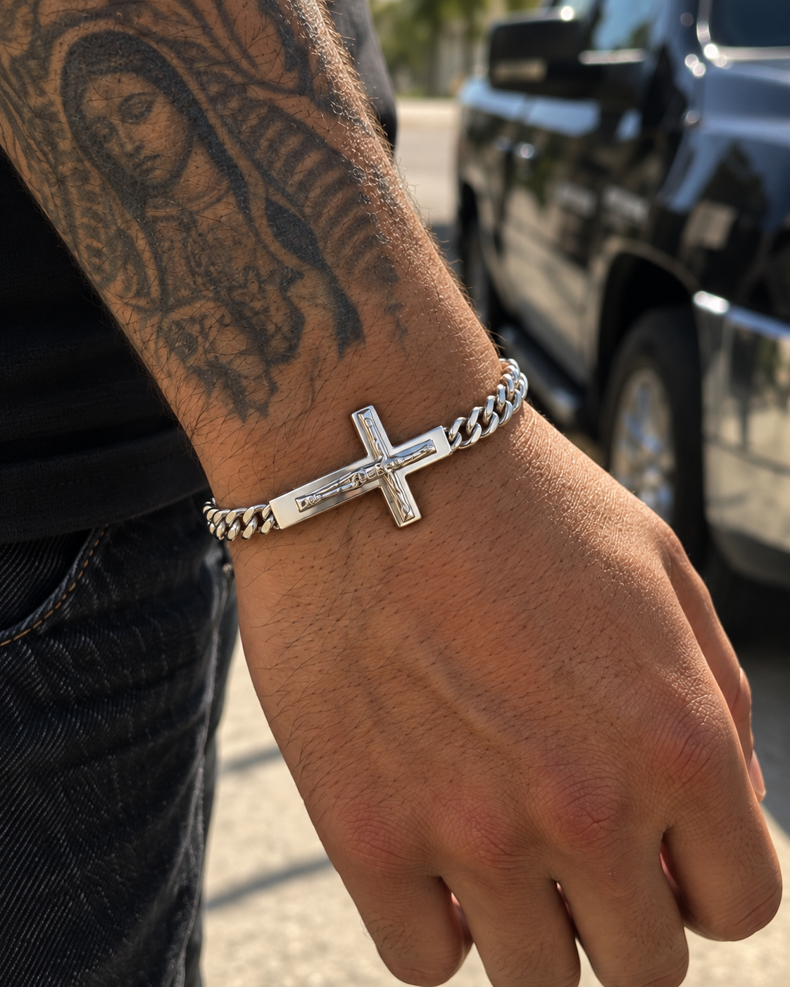 925 Sterling Silver 6.1MM Curb Jesus Christ Cross Bracelet