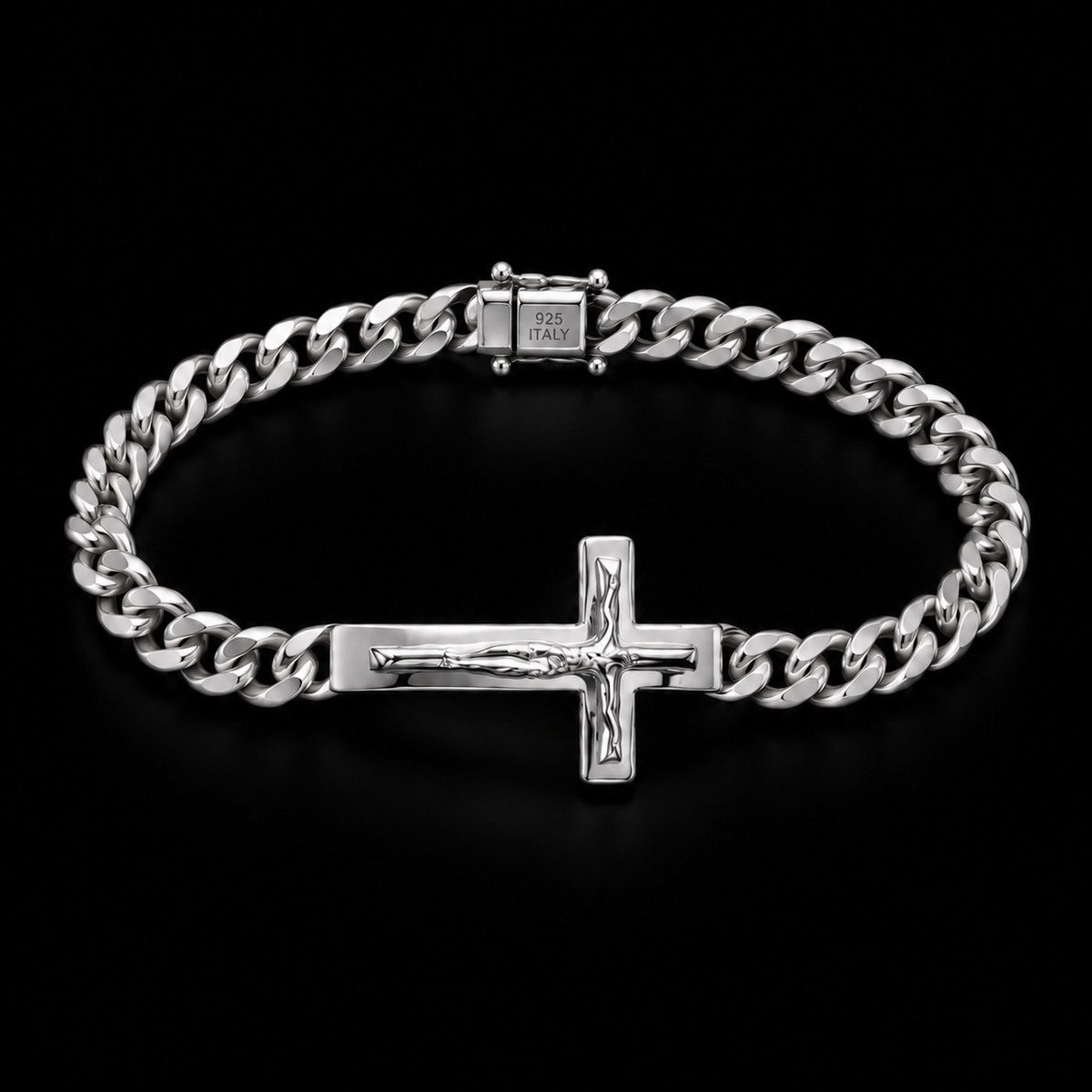 925 Sterling Silver 6.1MM Curb Jesus Christ Cross Bracelet