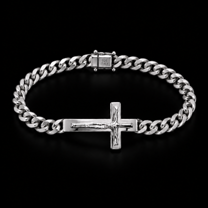 925 Sterling Silver 6.1MM Curb Jesus Christ Cross Bracelet