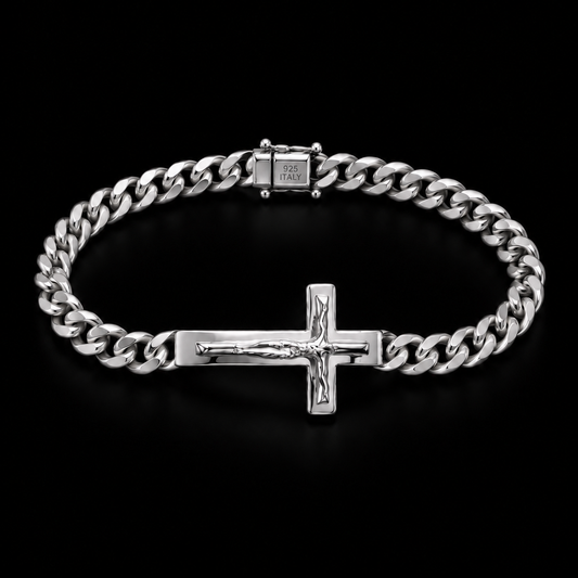 925 Sterling Silver 6.1MM Curb Jesus Christ Cross Bracelet