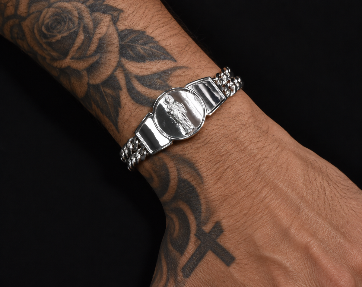 925 Sterling Silver 12.4MM Two Strand Curb Saint Jude Bracelet