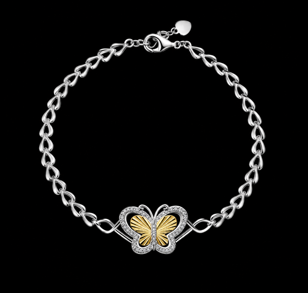 Two Tone 925 Sterling Silver Diamond Cut Butterfly Adjustable Bracelet
