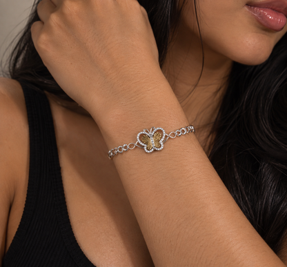Two Tone 925 Sterling Silver Diamond Cut Butterfly Adjustable Bracelet