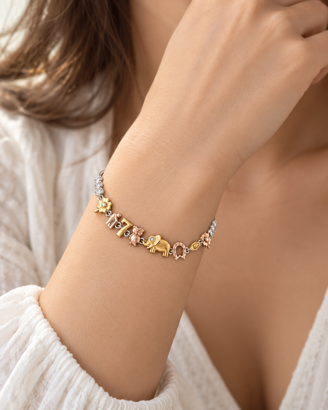 925 Sterling Silver Moissanite Good Luck Multi Charm Bracelet