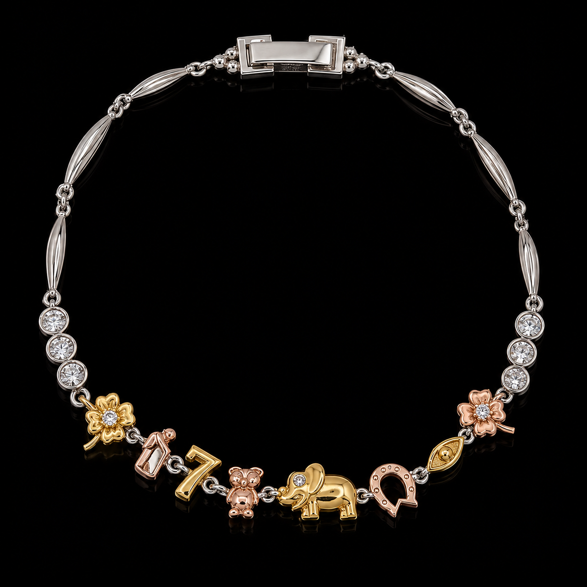 925 Sterling Silver Moissanite Good Luck Multi Charm Bracelet
