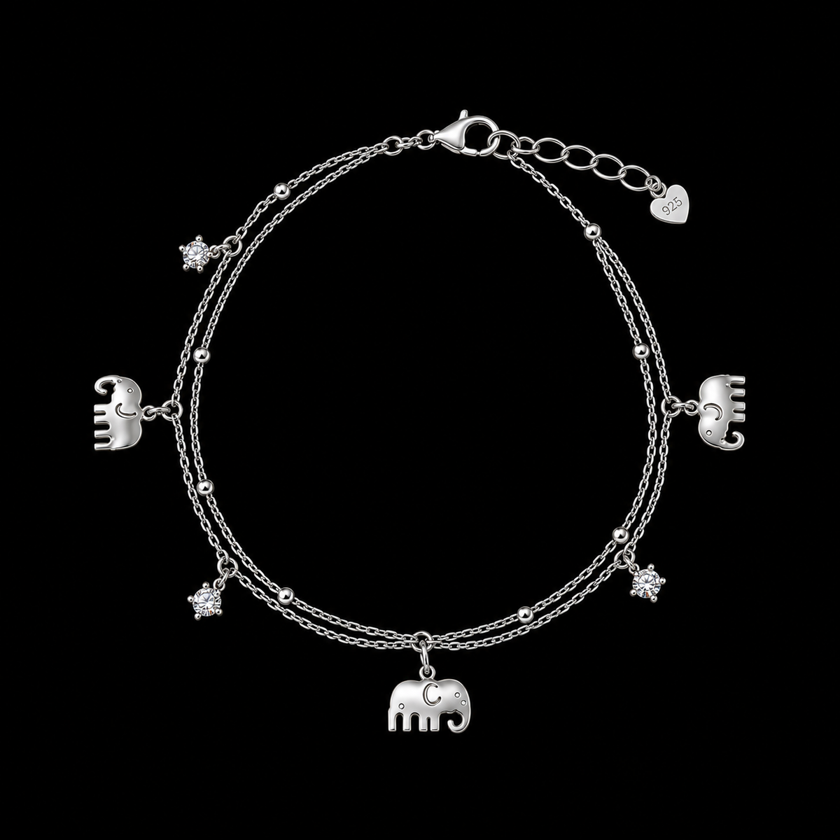 925 Sterling Silver Moissanite Elephant Charm Bracelet