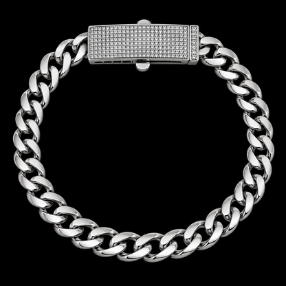 925 Sterling Silver Moissanite Pave Bar Lock Cuban Link 8MM Bracelet