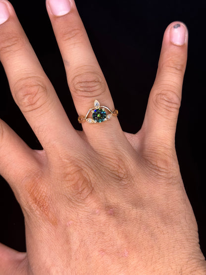 14K Yellow Gold Ring with Green Moissanite Center & .15 Ct Lab Diamond