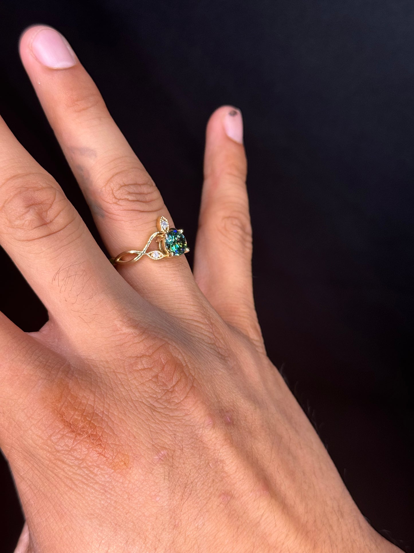 14K Yellow Gold Ring with Green Moissanite Center & .15 Ct Lab Diamond