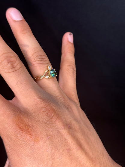14K Yellow Gold Ring with Green Moissanite Center & .15 Ct Lab Diamond