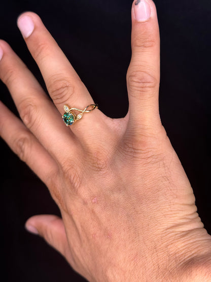 14K Yellow Gold Ring with Green Moissanite Center & .15 Ct Lab Diamond