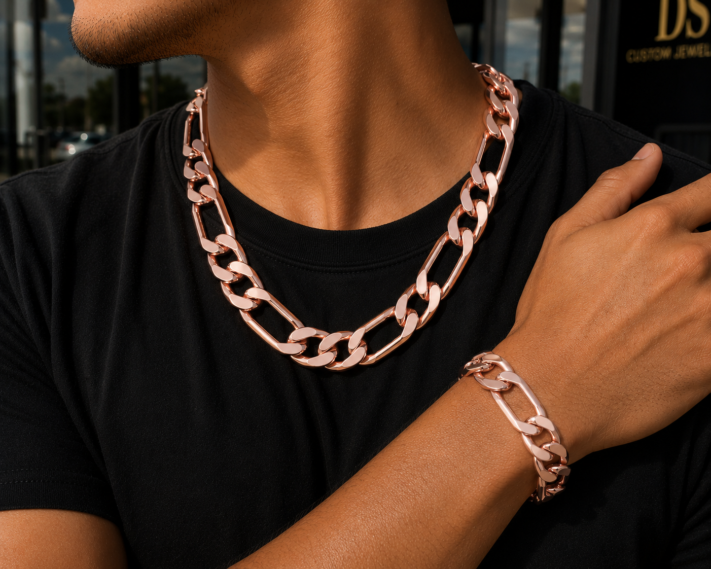 925 Sterling Silver 14MM Figaro Chain & Bracelet