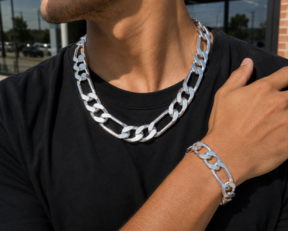 925 Sterling Silver 14MM Figaro Chain & Bracelet